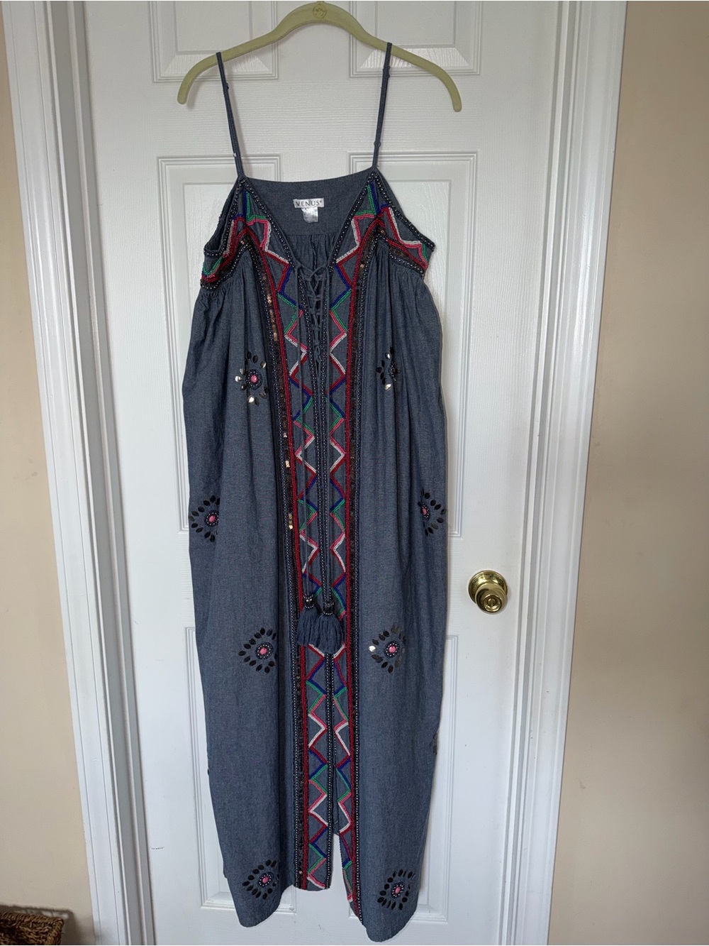 Venus Beaded Boho Embroidered Denim Maxi Dress in Blue-Resort Wear-Vacation New